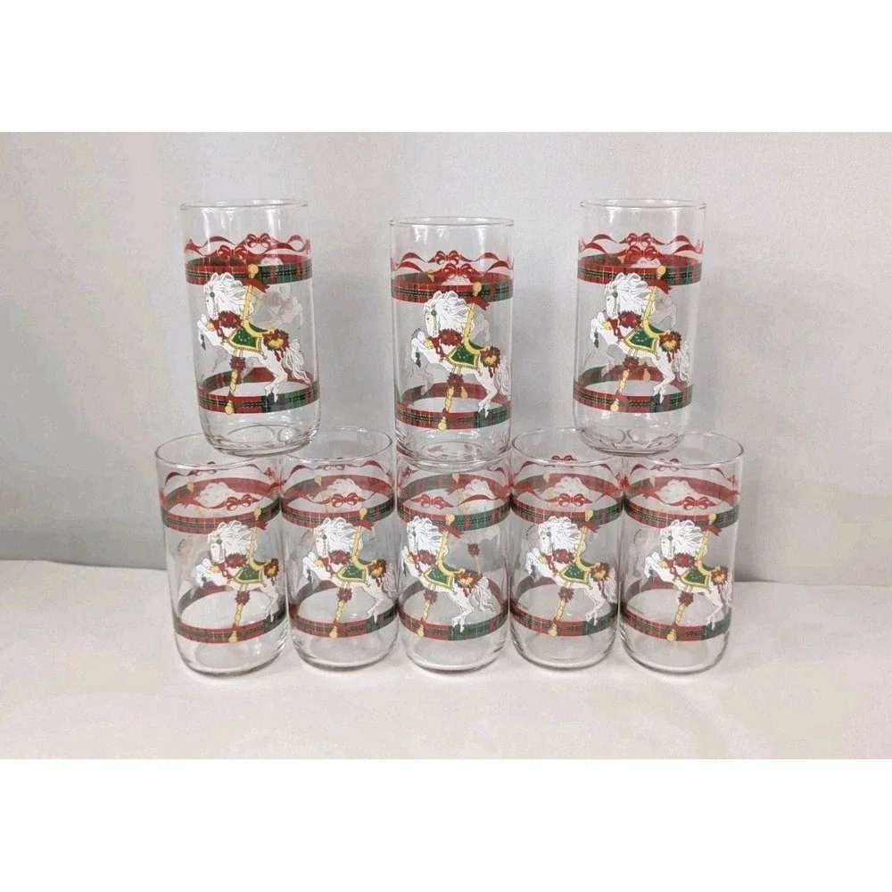 Vintage House of Lloyd Christmas Carousel Horses Tumbler Set of‎ 8 Glasses 1990